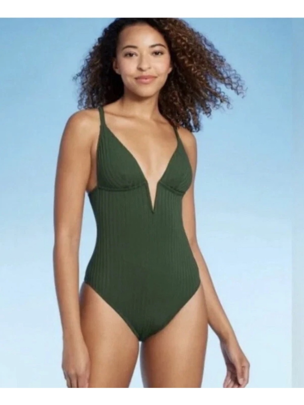 Ribbed Olive Green V-Plunge One-Piece Swimsuit
